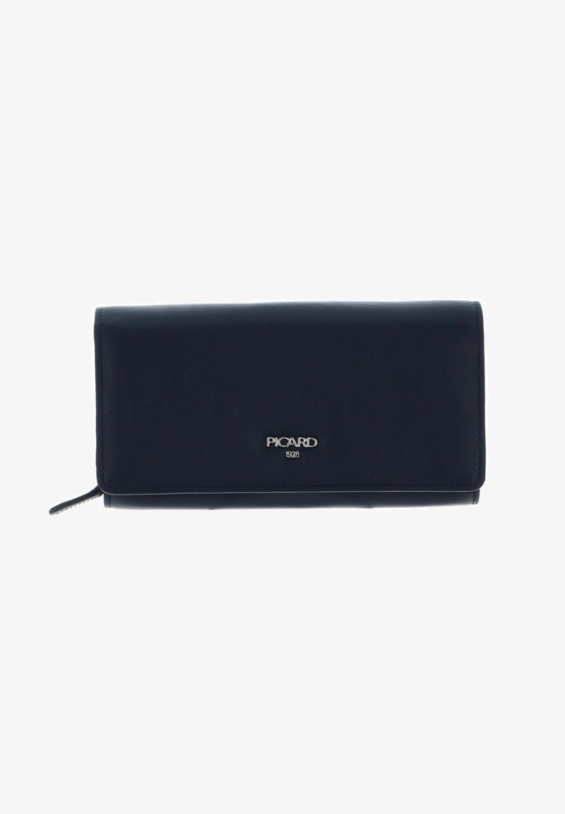 Navy leather wallet with a smooth texture, featuring a silver logo accent and a zippered closure on the side. Rectangular shape.