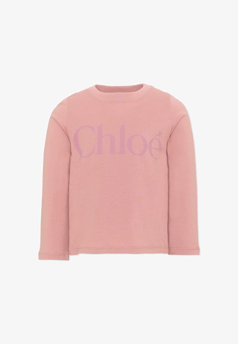 Maglia a maniche lunghe rosa chiaro con collo rotondo e logo discreto "Chloé" stampato sul petto in una tonalità di rosa leggermente più scura.