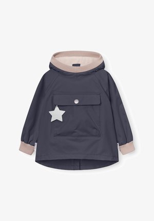 Navyblaue Kinderkapuzenjacke mit beigen, gerippten Bündchen und Halsausschnitt, Fronttasche mit Druckknopf und sternförmigem reflektierendem Anhänger.