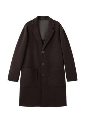 Langer, brauner Mantel aus Wollmischung mit abgesetztem Revers, drei Knöpfen und zwei vorderen Taschen; glatte Textur und taillierte Silhouette.