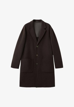 Long brown coat made of wool blend, featuring a notched lapel, three buttons, and two front pockets; smooth texture and tailored silhouette.