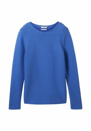 Blauwe lange mouw trui met een ronde hals, textuur met ribpatroon en een losse pasvorm. Eenvoudig ontwerp, gemaakt van zachte stof.