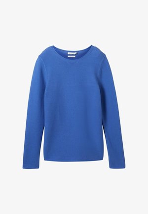 Sinine pika varrukaga sviiter ümmarguse kaelusega, tekstureeritud soonikkoes ja mugava lõikega. Lihtne disain, valmistatud pehmest kangast.