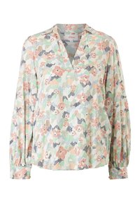 Blusa con motivo floreale, scollatura a V e maniche lunghe a sbuffo. Realizzata in tessuto leggero nei colori pastello: rosa, verde e blu.