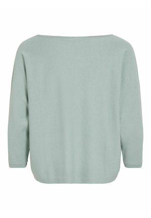 Pull vert clair à manches longues avec col bateau et coupe ample, vu de dos sur fond blanc.
