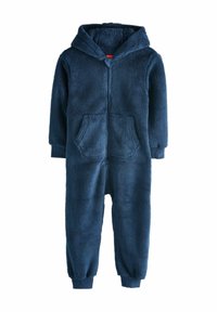 Námorníckomodrý fleece overal s kapucňou, ktorý má dlhé rukávy, elastické manžety a dve predné vrecká. Mäkká textúra a plný zips.