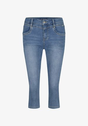 Lichtblauwe denim capri jeans met een middelhoog taille, vijf zakken en een rechte snit die net onder de kuit eindigt, met subtiele stikdetails.