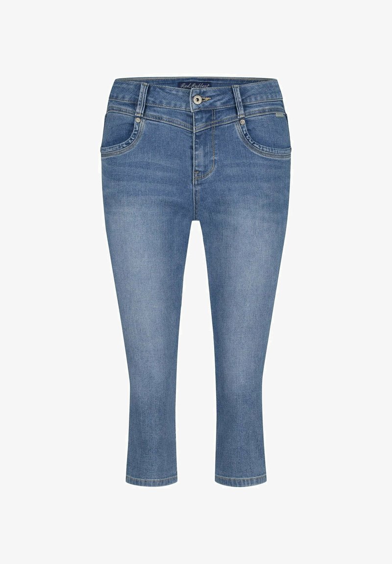 Lichtblauwe denim capri jeans met een middelhoog taille, vijf zakken en een rechte snit die net onder de kuit eindigt, met subtiele stikdetails.