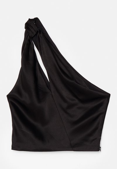 Asümmeetriline must satiinist top, millel on üks õlavarre rihm, drapeeritud disain ja küljerihma tõmblukk. Pehme tekstuur.