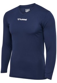 Granatowa koszula z długim rękawem z dekoltem w kształcie litery V, wykonana z gładkiego materiału. Posiada białe logo "hummel" na piersi.