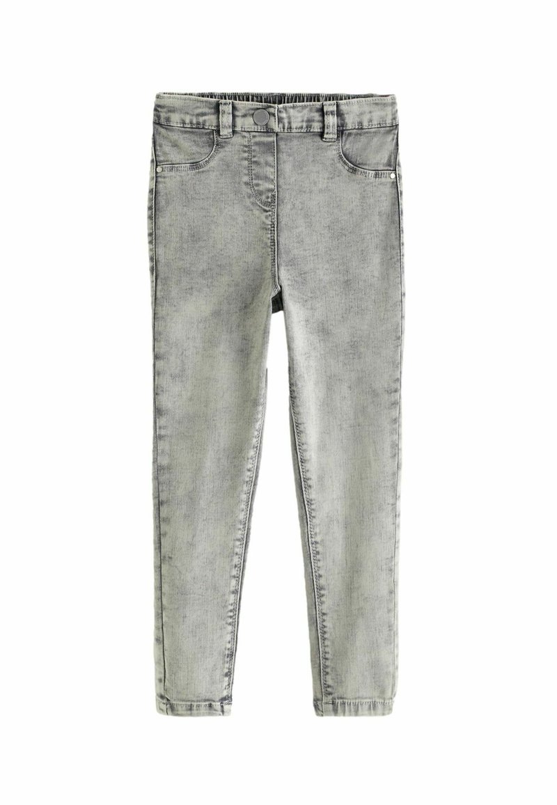 Grå denimjeans med slim fit, med knappstängning, framfickor och en blekt textur över hela tyget.