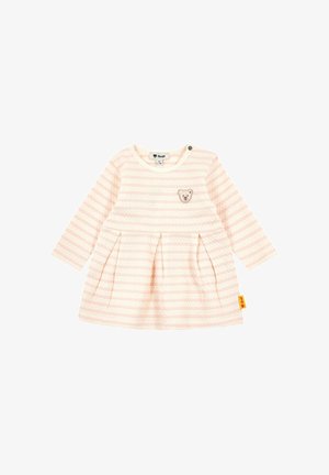 Abito a maniche lunghe rosa chiaro con righe bianche, tessuto strutturato, scollatura rotonda, toppa a forma di orso sul petto e gonna plissettata.