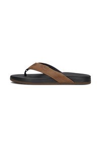 Brown leather flip-flop with perforated strap, black synthetic sole, and brown rubber outsole. Tapered design with subtle branding detail.