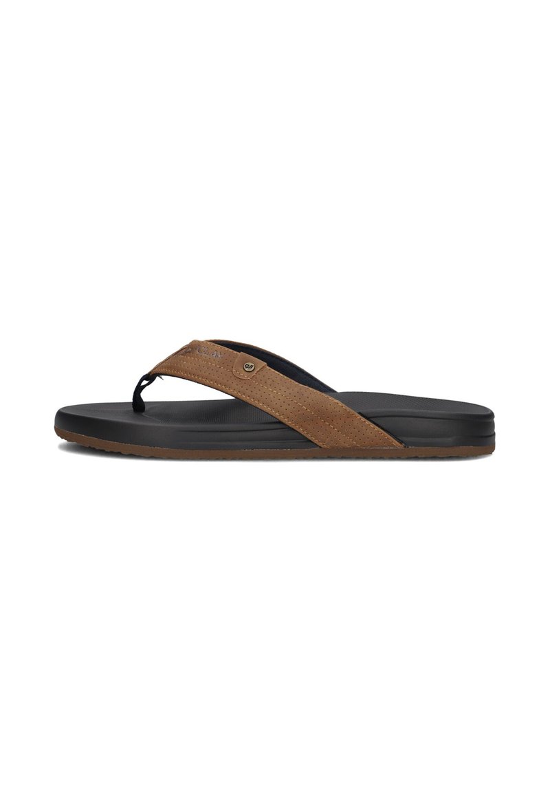 Brown leather flip-flop with perforated strap, black synthetic sole, and brown rubber outsole. Tapered design with subtle branding detail.