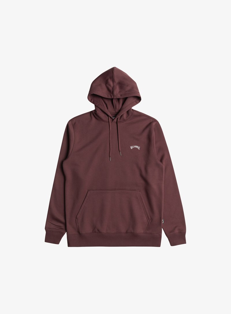 Sudadera burdeos con bolsillo canguro, puños y dobladillo acanalados, que presenta un pequeño logo blanco en el pecho. Textura de tejido suave.