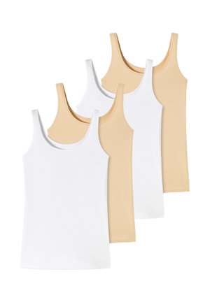 Set of six sleeveless tank tops, alternating white and beige colors, arranged in overlapping vertical rows on a white background.