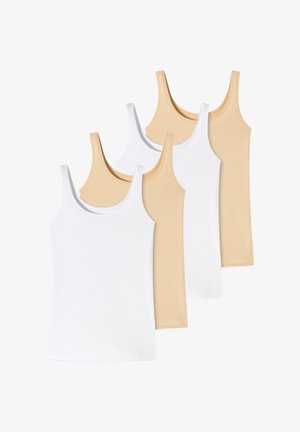 Satz von sechs ärmellosen Tanktops in abwechselnd weißen und beigen Farben, angeordnet in überlappenden vertikalen Reihen auf weißem Hintergrund.