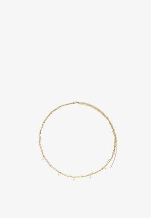 Delicate gold double-chain necklace with small white pearl charms evenly spaced along one chain.