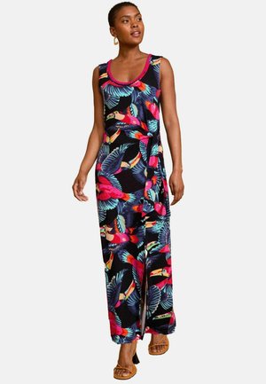 Maxikleid aus schwarzem Stoff mit lebendigen Tukan- und Tropenvogelprints, ausgestattet mit einem Rundhalsausschnitt und einer gebundenen Taillendetails.