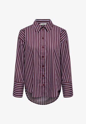 Burgunder- og hvitstripet skjorte med knappestolpe, krage, lange ermer og buet kant. Laget av glatt stoff med blanke knapper.