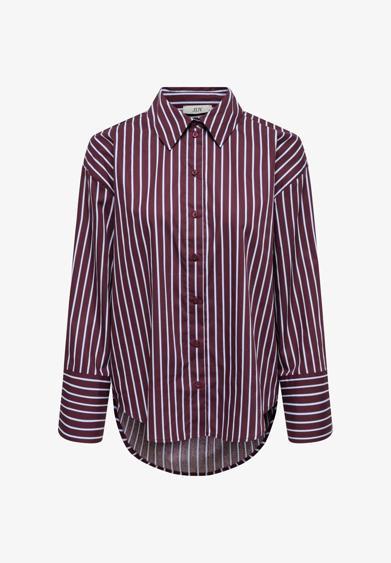 Πουκάμισο με κουμπιά, μπορντό και λευκές ρίγες, με γιακά, μακριά μανίκια και καμπυλωτή κάτω άκρη. Κατασκευασμένο από λείο ύφασμα με γυαλιστερά κουμπιά.