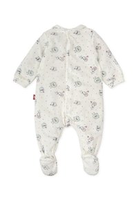 Body de bebé blanco con mangas largas y diseño con pies. Tejido suave con patrones coloridos de animales y juguetes, cerrado con botones.