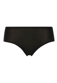 Crna bikini gaćice s glatkom teksturom, izrezom u stilu tagline i jednostavnim dizajnom. Imaju srednji pojas i minimalne detalje.