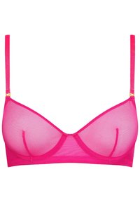 Soutien-gorge sans fil en dentelle rose avec tissu transparent, bretelles réglables et accents en doré. Il présente une forme triangulaire et un motif floral.