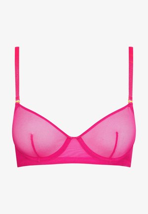 Luftiger pinker BH ohne Bügel aus transparenter Stoff, mit verstellbaren Trägern und goldenen Hardware-Details. Hat eine dreieckige Form und ein florales Muster.