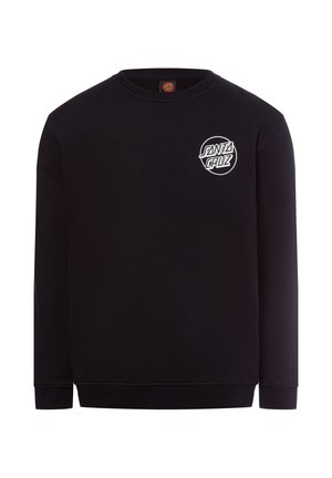 Schwarzer Pullover aus Baumwollmischgewebe, mit einem weißen runden Logo auf der linken Brustseite sowie gerippten Bündchen und Saum.