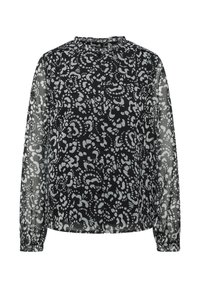 Schwarze transparente Bluse mit einem weißen abstrakten Muster, kragenlosem Design, langen Ärmeln und Knopfverschluss. Elastische Bündchen verleihen Textur und Detail.