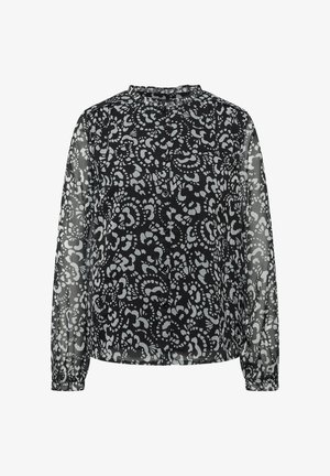 Blouse noire transparente avec un motif abstrait blanc, sans col, à manches longues et ouverture à boutons. Les poignets élastiques ajoutent texture et détail.