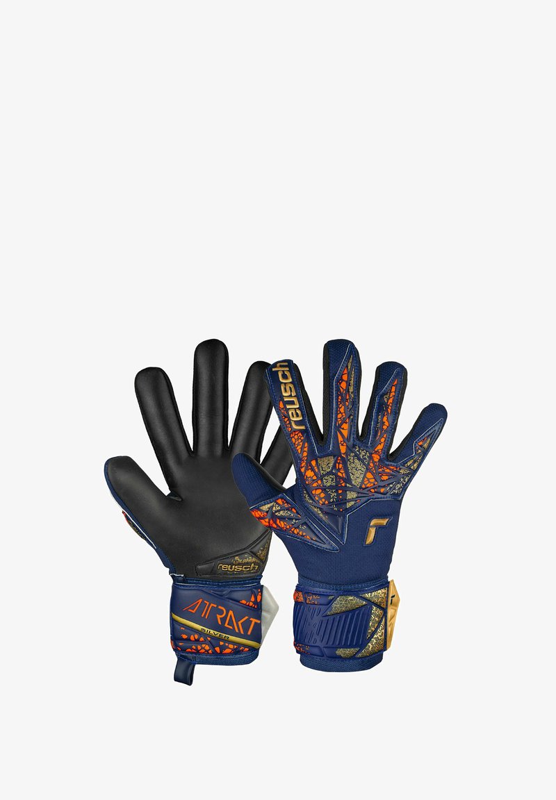 Guanti da portiere con palmo in lattice nero, corpo blu navy e accenti arancioni vivaci. Caratterizzati da una presa testurizzata e una cinghia da polso sicura.