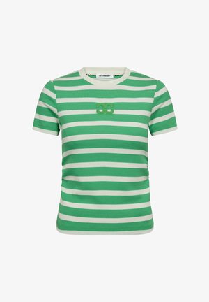 Top a maniche corte con righe orizzontali verdi e bianche, scollo rotondo e piccolo logo ricamato al centro del petto.