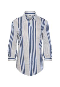 Gestreiftes Hemd aus Baumwollstoff mit vertikalen blauen Streifen auf weißem Hintergrund, mit Kragen und langen Ärmeln mit Manschettenakzenten.