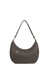 Sac hobo en simili cuir gris foncé avec une forme incurvée, une bandoulière réglable et une poche zippée à l'avant avec des accents en métal doré.