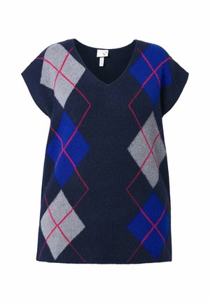 Marineblaues ärmelloses Sweater-Weste mit V-Ausschnitt und einem Argyle-Muster in blauen, grauen und roten Linien auf der Vorderseite.