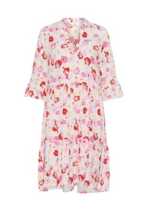 Abito a maniche corte con scollatura a V e motivo floreale in tonalità di rosa e rosso su uno sfondo chiaro. Orlo a strati con volant, tessuto leggero.