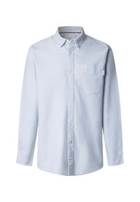 Hellblaues Hemd mit langen Ärmeln, Kragen, Brusttasche und weichem Stoffdesign. Verfügt über eine normale Passform und dezente Nähte.