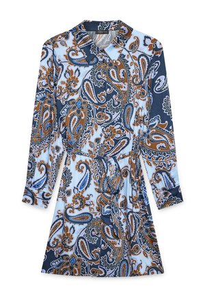 Langärmliges Kleid mit einem Paisleymuster in Blau, Braun und Weiß. Verfügt über einen kragenförmigen Ausschnitt und eine gebundene Taillenpartie. Glatte Stoffqualität.