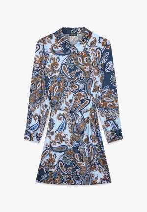 Rochie cu mânecă lungă, cu un model paisley în nuanțe de albastru, maro și alb. Dispune de un guler și un detaliu cu șnur la talie. Material neted.