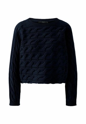 Marineblauer, kurzer Pullover mit einem strukturierten Wellenmuster; hat lange Ärmel und einen Rundhalsausschnitt; aus gestricktem Stoff gefertigt.