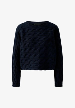 Navy blue, cropped sweater with a textured wave pattern; features long sleeves and a crew neckline; made from knitted fabric.