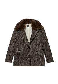 Braunes Hahnentrittmuster-Blazer mit Pelzkragen, taillierter Schnitt, zwei vorderen Taschen und einem einzigen Knopfverschluss.