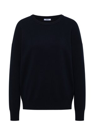 Mørkeblå sweater lavet af strikket stof med rund halsudskæring, lange ærmer og en let løs pasform. Minimalistisk design uden synlige mønstre.