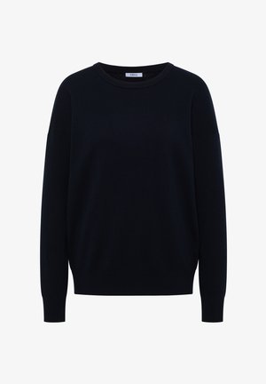 Marineblauwe trui van gebreide stof, met een ronde hals, lange mouwen en een iets losse pasvorm. Minimalistisch ontwerp zonder zichtbare patronen.