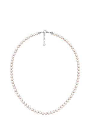 Freshwater pearl necklace with uniform round white pearls, finished with a silver clasp and extender chain for adjustable length.