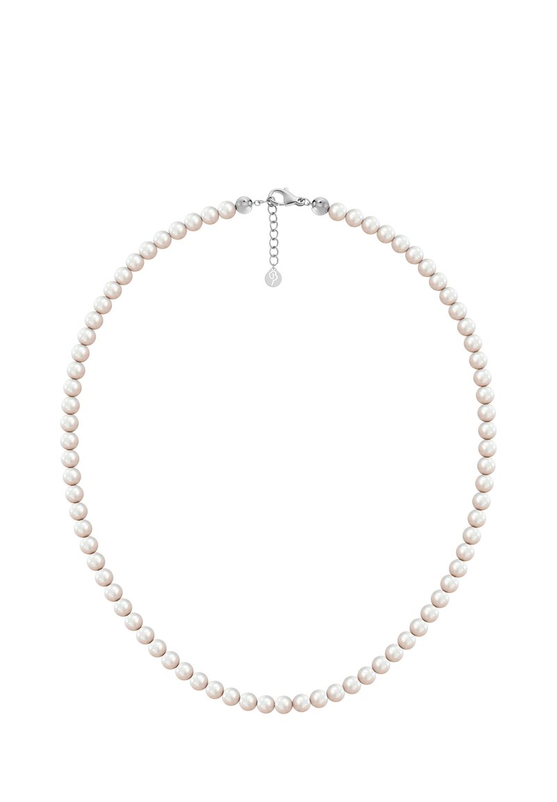 Collana di perle d'acqua dolce con perle bianche rotonde uniformi, rifinita con un gancio in argento e una catena di estensione per una lunghezza regolabile.