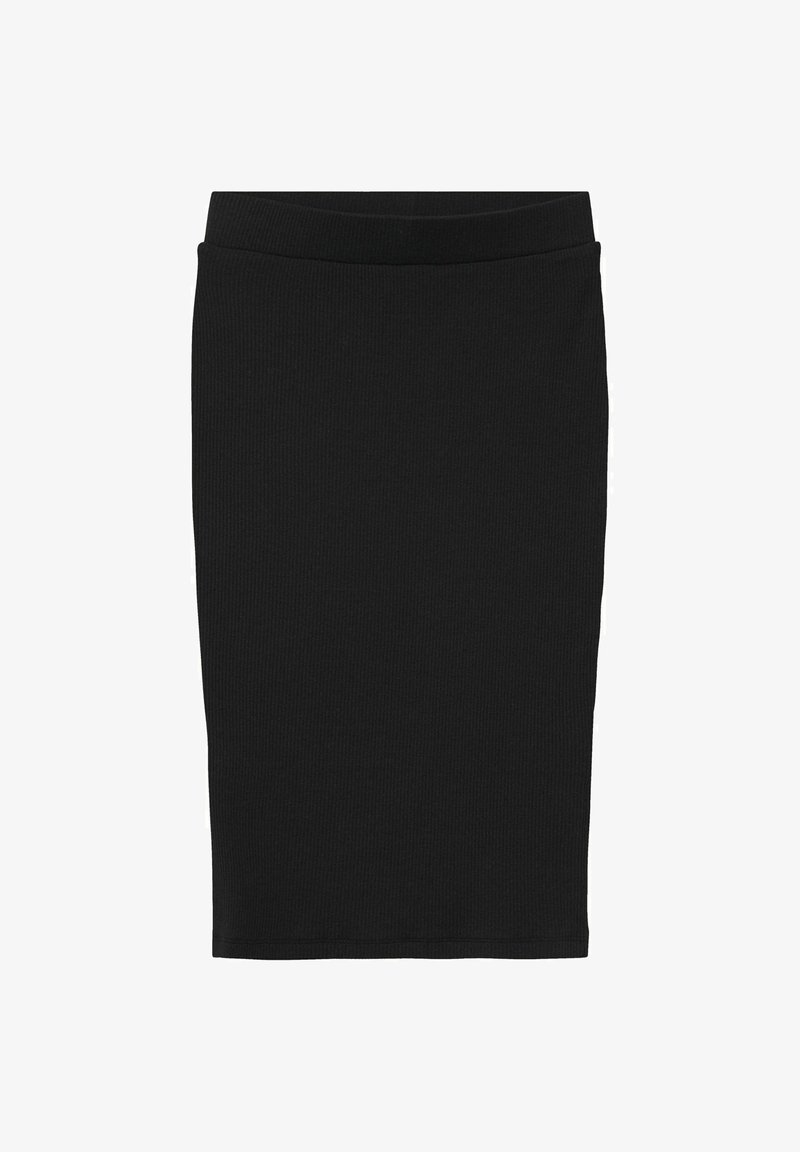 Jupe crayon noire côtelée en tricot, présentant une silhouette ajustée et une taille élastique, avec une texture lisse et sans détails de fermeture visibles.