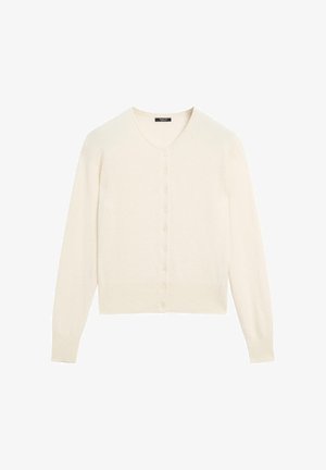Cardigan lavorato a maglia di colore crema con scollo a V, maniche lunghe e chiusura frontale con bottoni. Tessuto morbido e dettagli a coste sui polsini e sull'orlo.